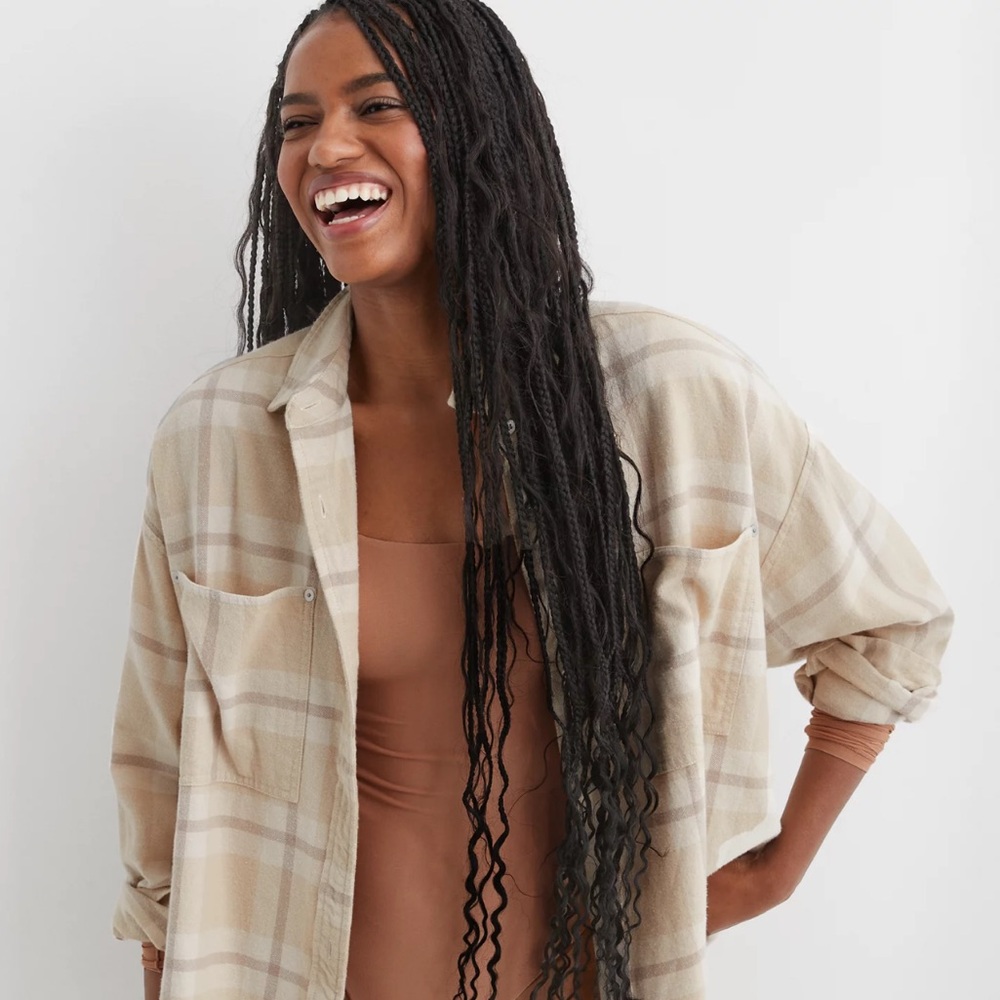 Aerie Soft Oat Plaid Anytime Fave Flannel Oversized Button Down Shirt Medium